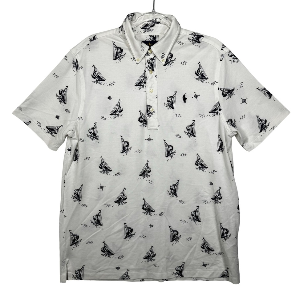 Polo Ralph Lauren Knit Oxford Shirt Mens Large White Sailboat Print Short Sleeve